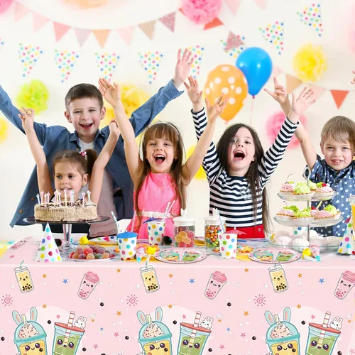 Miniatura 7 de Boba Tea Party Decor Bubble Tea Birthday Vajilla desechable para fiesta, platos y servilletas, juego de mantel para decoración de cumpleaños