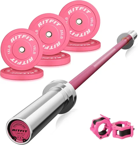Miniatura 13 de RITFIT Placas de peso rosas, placa de pesas olímpicas de 2 pulgadas, placas de parachoques con inserto de acero, pesas rosas para gimnasio y hogar