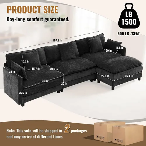 Miniatura 2 de Juego de sofá modular de 107 pulgadas con otomana, sofá convertible en forma de L, sofá de asiento profundo de felpilla de 3 plazas con almohadas