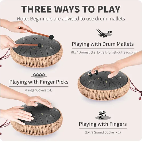Miniatura 5 de Tambor de Lengua de Acero, 12 Pulgadas 15 Notas Tambores de Lengua, Tambores Handpan Instrumento de Percusión para Niños y Adultos, Tambor de Mano