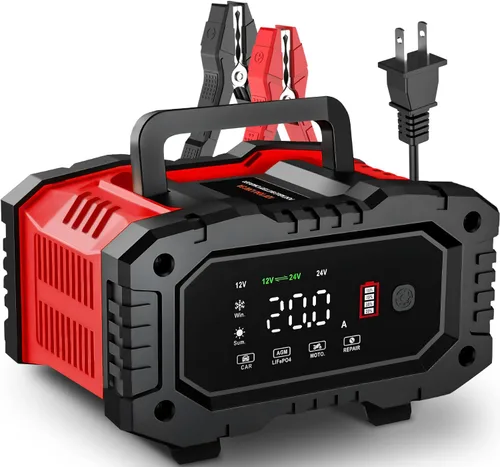 Cargador de batería de coche de 20 amperios, LiFePO4 de 12V/20A y 24V/10A, plomo ácido (AGM/Gel/SLA), cargador inteligente automático de goteo
