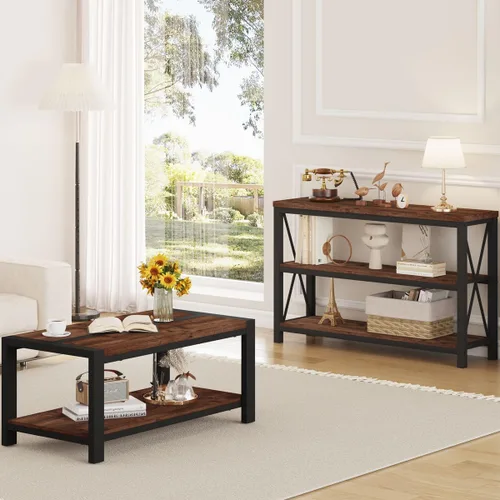 Miniatura 6 de BON AUGURE Mesa auxiliar para sala de estar, mesas industriales de madera y metal, mesa central rectangular de granja (roble rústico, 43 pulgadas)