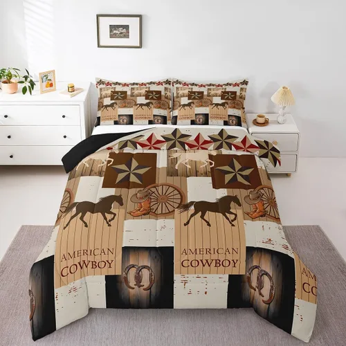 Miniatura 35 de Juego de edredón de vaquero, tamaño King, juego de ropa de cama de herradura con estrellas del oeste de Texas para adultos, hombres y niños, ropa