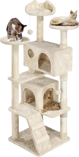 Miniatura 12 de Topeakmart Árbol para gatos de 54 pulgadas, torre para gatos con postes rascadores y percha para condominios grandes, muebles de casa con soporte