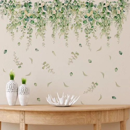 Miniatura 3 de Calcomanías de pared con hojas verdes, flores, plantas, despegar y pegar, murales de pared extraíbles, para sala de estar, dormitorio, TV, fondo