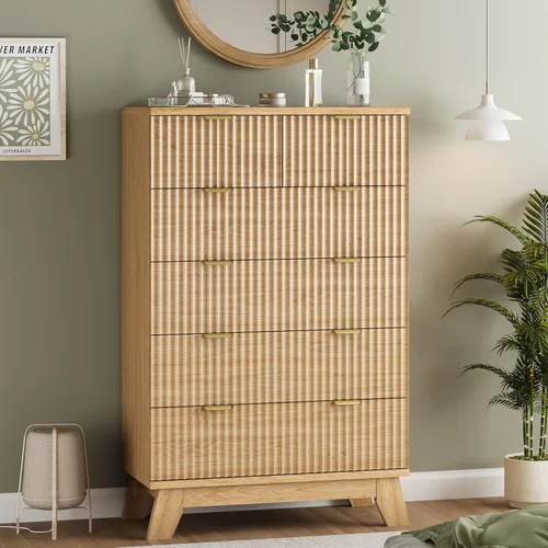 Miniatura 7 de Cómoda acanalada para dormitorio con 6 cajones, cajonera moderna de 46 pulgadas de alto con mango de metal, soporte de TV de cómoda de madera, Roble