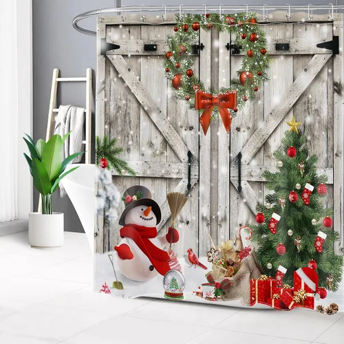Miniatura 5 de Christmas Shower Curtain, Christmas Tree with Red Xmas Balls and Cute Snowman on Barn Door Bathroom Curtain, Winter Holiday Bathroom Decor with 10