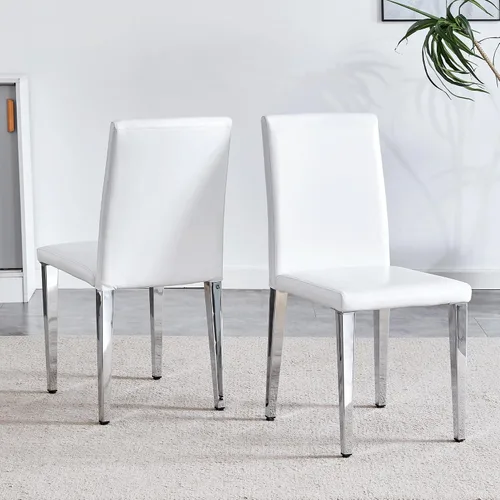 Miniatura 9 de Juego de 4 sillas de respaldo de piel sintética blanca con patas de metal plateado. La combinación perfecta, adecuada para estilos minimalistas
