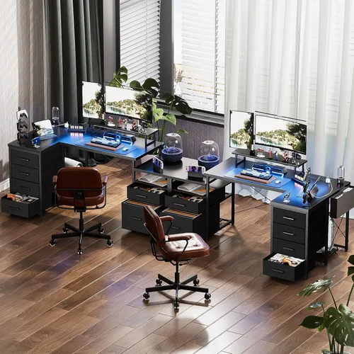 Miniatura 2 de Unikito Escritorio reversible en forma de L para computadora con cajones de tela, escritorio esquinero de oficina grande de 70.8 pulgadas con luces