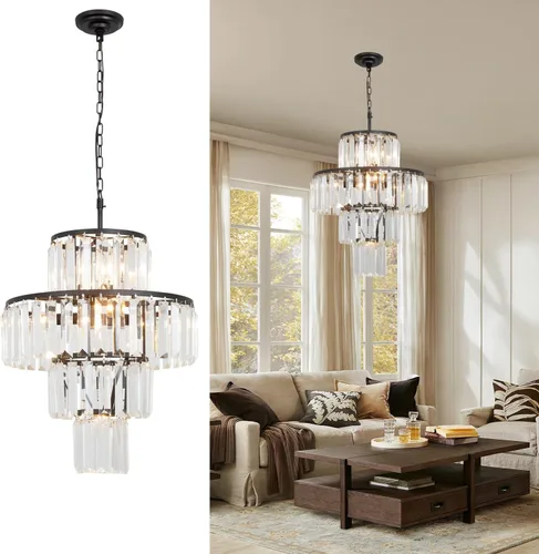 Miniatura 14 de Candelabro grande de cristal moderno y lujoso, lámpara colgante de gota de lluvia para comedor, dormitorio, sala de estar, marrón, 39 pulgadas