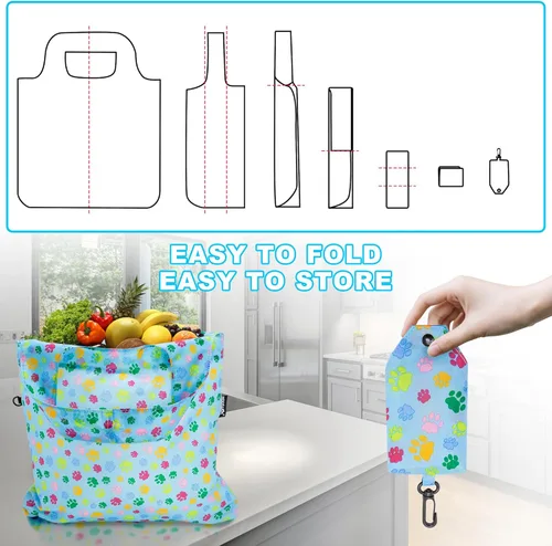 Miniatura 5 de HOLYLUCK Bolsas de comestibles reutilizables, bolsa de compras plegable resistente (estándar, 3 huellas de patas de perro azules)