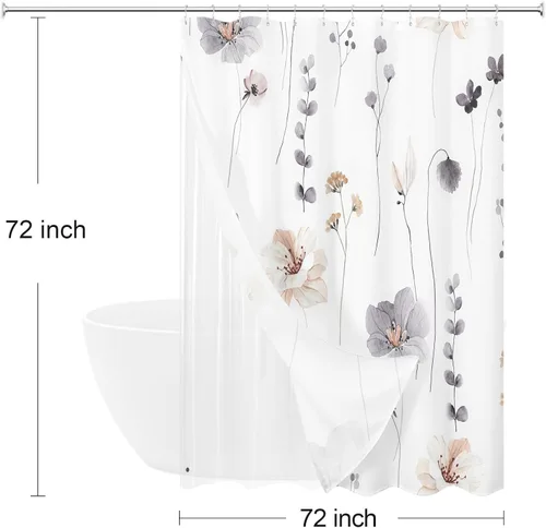 Miniatura 7 de Gibelle Juego de cortina de ducha 3 en 1, cortina de baño floral de acuarela gris carbón y forro de PEVA con 12 ganchos de acero de doble cara, Gris