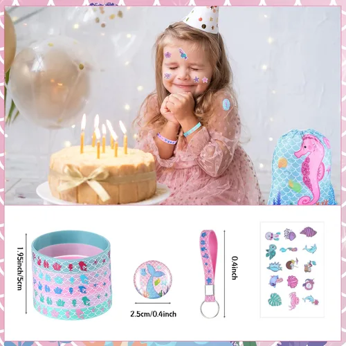 Miniatura 4 de Sherr 140 bolsas de regalo de fiesta de sirena para niñas, suministros de decoración de cumpleaños, incluye bolsas con cordón, pulseras de silicona