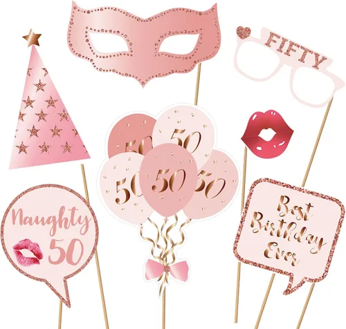Miniatura 2 de Accesorios y letreros para cabina de fotos de fiesta de cumpleaños número 50, color oro rosa 50, kit de accesorios para selfies con palos para niñas