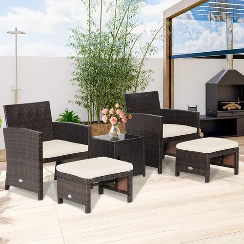 Miniatura 4 de COSTWAY Juego de 5 muebles de ratán para patio, sillas de sofá acolchadas con otomanas y mesa auxiliar, juegos de conversación de mimbre al aire