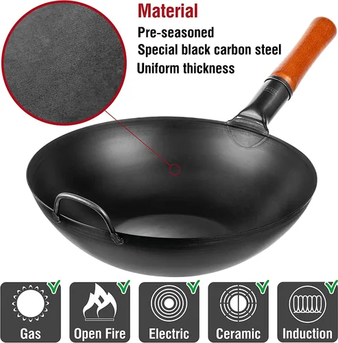 Miniatura 4 de YOSUKATA Sartén Wok de acero al carbono – Sartenes de 13,5 pulgadas con fondo plano + cubierta de wok de primera calidad con tapa de sartén de 13.5