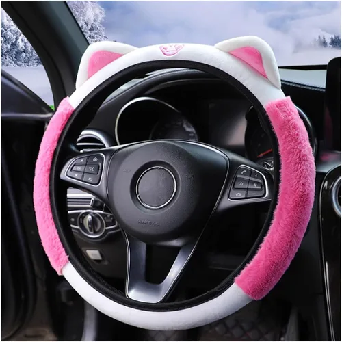 Miniatura 9 de Bittwee Funda para volante de automóvil, felpa suave y esponjosa para invierno cálido, bonito protector de volante con orejas de gatito, universal