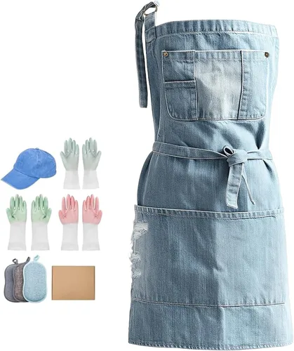 Miniatura 7 de Denim Apron With 5 Pockets for Kitchens,Hairstylist Aprons for Women Men,Adjustable Bib Jean Apron for Arts Cafe Work