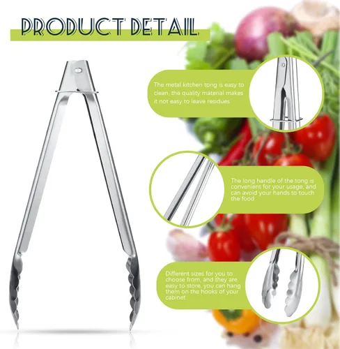Miniatura 6 de Chengu Juego de 18 pinzas de cocina de acero inoxidable con anillos deslizantes de 7 pulgadas, pinzas de cocina antideslizantes para ensalada