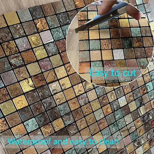 Miniatura 5 de XUANINY Azulejos Adhesivos de Pared para Cocina, Baño, Chimenea, Mosaico de Aluminio Metálico Autoadhesivo (12"x12") (5, Estampado Amarillo y Verde)