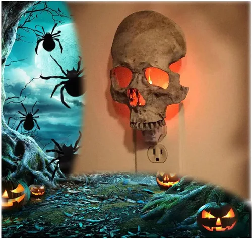 Luz de calavera humana, 2023 nueva luz nocturna de calavera realista hecha a mano para Halloween, decoración de luz nocturna de calavera, lámpara de