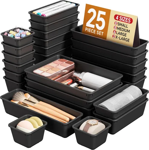 KEMETHY Juego de 25 organizadores de cajones de plástico, 4 tamaños, organizador de tocador, bandejas organizadoras de cajones de maquillaje y