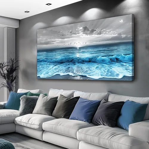 Miniatura 14 de ERQINHUA Gran decoración de pared para sala de estar, arte de pared en lienzo para restaurante, decoraciones para oficina, pinturas de mar azul
