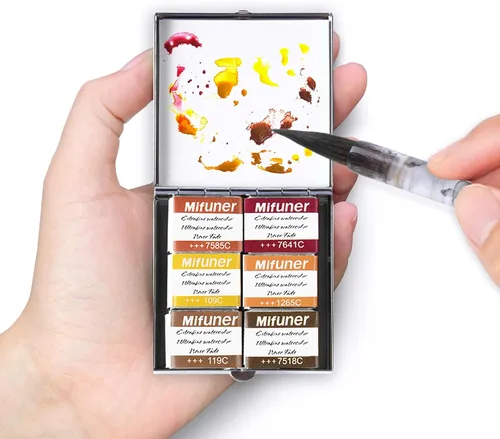 Miniatura 13 de Mini Juego de Caja de Lata de Viaje de Pintura de Acuarela de Artista Portátil Hecha a Mano con 6 Medias Bandejas Sólidas con Purpurina Nacarada