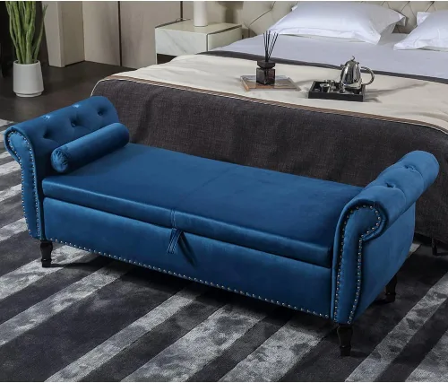 Miniatura 8 de P PURLOVE Banco de almacenamiento rectangular de terciopelo de 63 pulgadas, banco otomano de almacenamiento con botones copetudos, bancos de ventana