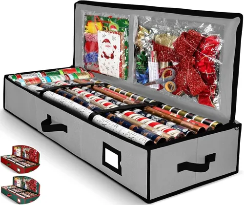 Miniatura 9 de Organizador de papel de regalo de alta calidad, soporte para papel de regalo con bolsillos adicionales para decoraciones navideñas, asas reforzadas