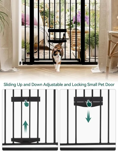 Miniatura 4 de BABELIO Puerta de bebé extra alta de 36 pulgadas con puerta de gato, puerta de metal para mascotas de 29.5-40 pulgadas para escaleras, puertas, Negro