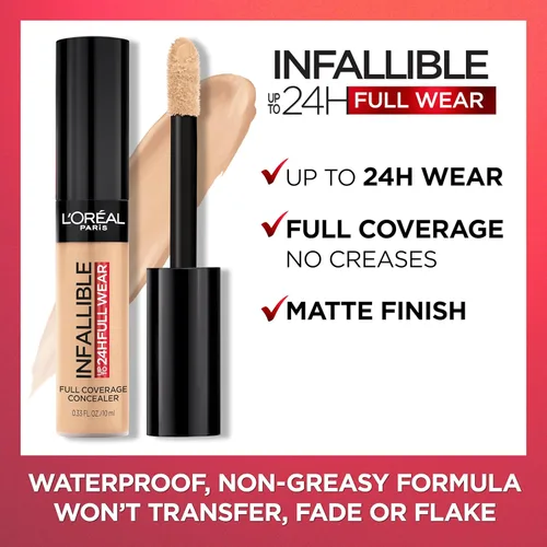 Miniatura 7 de L'Oreal Paris Makeup Infalible Full Wear Corrector mate impermeable, cobertura completa, tono de piel medio (Honey), 0.33 fl oz 415 MIEL