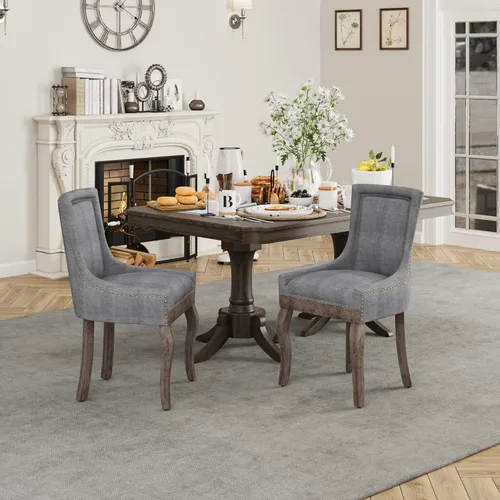 Miniatura 2 de Aoowow Juego de 2 sillas laterales tapizadas vintage de tela, sillas de madera maciza para cocina, comedor con cabezas de clavo, patas de madera
