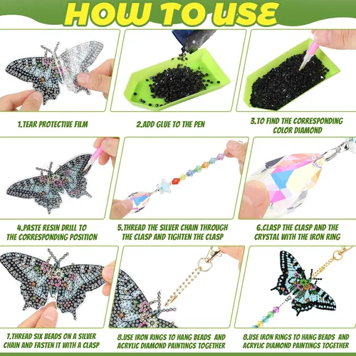 Miniatura 5 de Tradder 6 carillones de viento con diseño de mariposa y diamantes para decoración de árbol de verano, kit de arte de diamantes con colgante