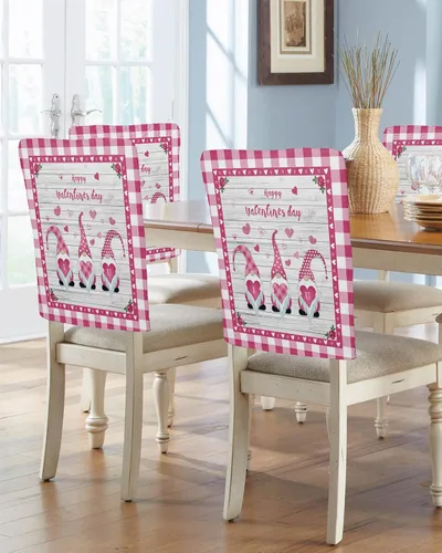Happy Valentines Pink with Love Chair Covers - 8 Pcs Dining Room Chair Back Covers, Retro Woode Backdrop Chair Slipcovers Removable Chair Protectors