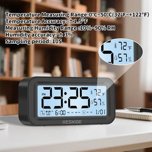 Miniatura 4 de Reloj despertador digital con luz nocturna, funciona con pilas, con temperatura interior y humedad, reloj pequeño de escritorio, modelo con función
