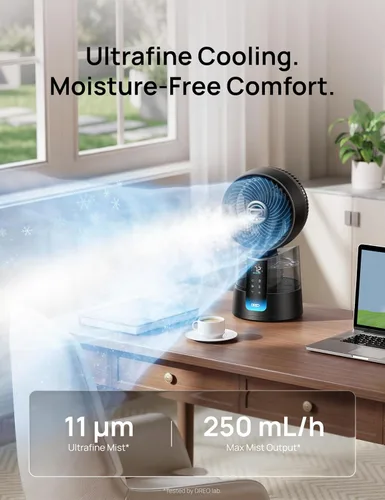 Miniatura 4 de DREO TurboCool Ventilador de nebulización 516, oscilación omnidireccional de 150°+30°, ventilador de enfriamiento de escritorio de caída de 5 ℉