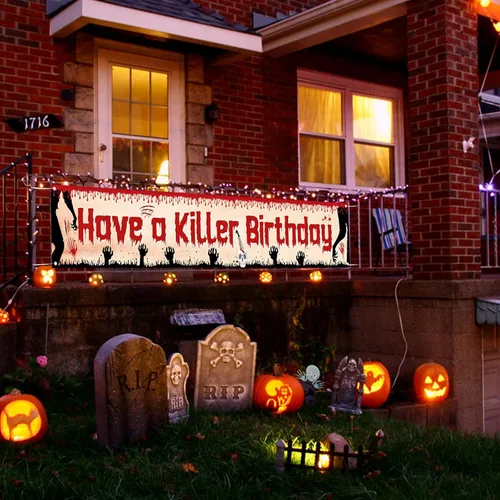 Miniatura 5 de Labakita Cartel grande de cumpleaños con texto en inglés "Have a Killer", decoración de fiesta de cumpleaños de Halloween, terror de terror