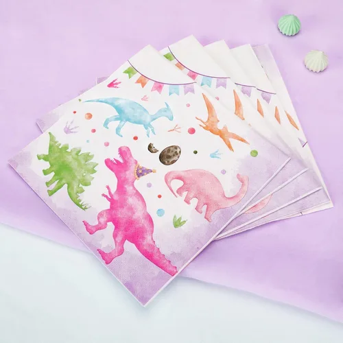 Miniatura 6 de WERNNSA - Decoraciones de fiesta de dinosaurios para niñas, paquete de 50 servilletas de papel de dinosaurio rosa, decoraciones de cumpleaños