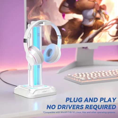 Miniatura 3 de KDD RGB Headset Stand with 9 Light Modes - Controller Holder for Desk - Rotatable Headphone Stand & Detachable Controller Hook for PC Earphone Blanco