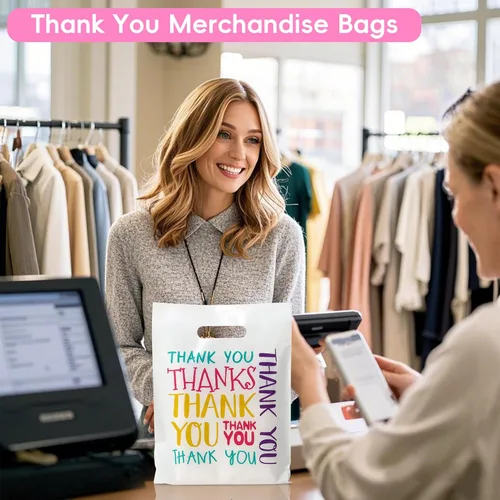 Miniatura 5 de Bolsas de plástico con texto en inglés "Thank You", 9 x 12 pulgadas, coloridas bolsas de regalo pequeñas con mango troquelado, paquete de 100 bolsas