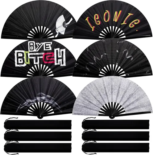 Miniatura 8 de FairySandy 6 abanicos grandes de bambú para rave, grandes abanicos plegables de mano con rave icónico adiós chino para mujeres y hombres, línea