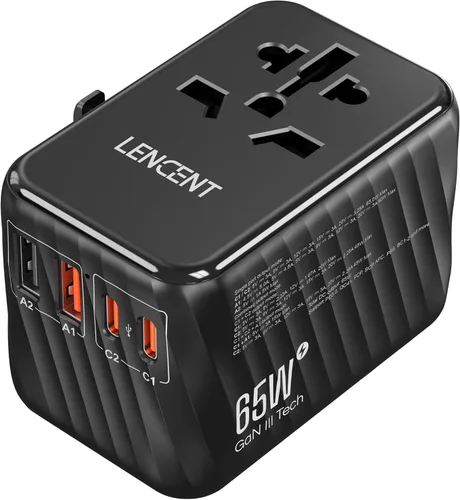 LENCENT Adaptador de viaje universal, cargador rápido internacional GaN de 65 W con 2 PD3.0 tipo C+2 QC USB A, adaptador de corriente mundial para