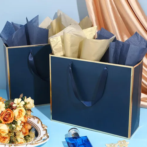 Miniatura 5 de ReliThick Paquete de 12 bolsas de regalo de papel metálico con asas y papel de seda de 11.8 x 10 x 4 pulgadas, bolsa de agradecimiento para Azul