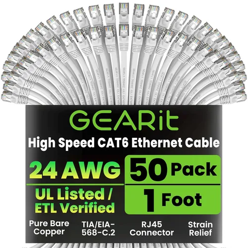 GearIT Cable Ethernet Cat 6 de 1 pie (paquete de 50) – Cable de conexión Cat6, cable de conexión Cat 6, cable Cat6, cable Cat 6, cable Ethernet