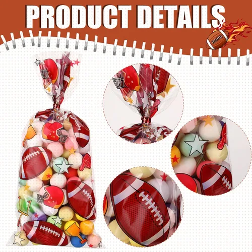 Miniatura 3 de Outus 100 bolsas de golosinas para fiesta de béisbol, dulces, celofán, bolsas deportivas con 150 lazos rojos para recuerdos de fiesta (rugby)