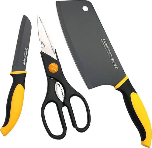 GARASANI Juego de 3 cuchillos de chef, acero inoxidable, revestimiento de cerámica negra, 1 cuchillo de cocina chino, 1 cuchillo de fruta, 1 tijeras