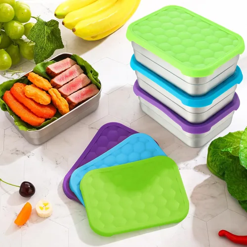 Miniatura 5 de Layhit 6 recipientes de acero inoxidable para niños, recipientes de almuerzo de 25 onzas con tapas de silicona para fugas, caja de aperitivos