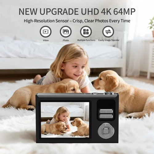 Miniatura 2 de Cámara digital para niños y principiantes, cámara digital 4K con tarjeta SD de 64 GB, zoom 16X, cámara compacta de apuntar y disparar con pantalla