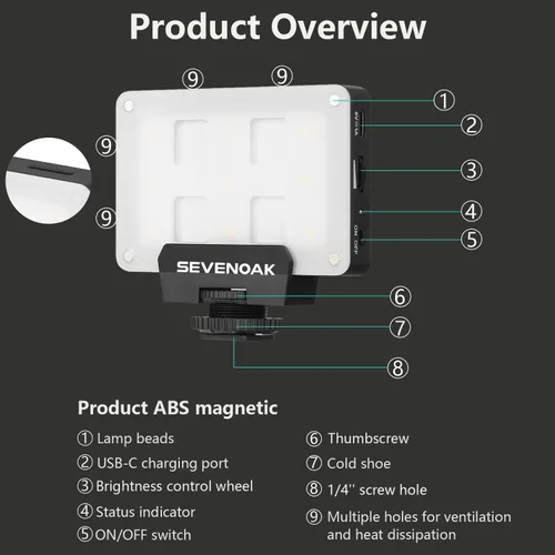 Miniatura 3 de Sevenoak SK-L3 Luz de video RGB, batería recargable incorporada de 1800 mAh para cámaras DSLR profesionales, video fotográfico, luz LED de cámara
